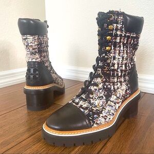 Tory Burch tweed combat boots fall boots winter boots lace up boots black bootie